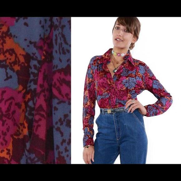 Vintage 70's Floral Mr. Dino Button Down Blouse 60s - Picture 1 of 5